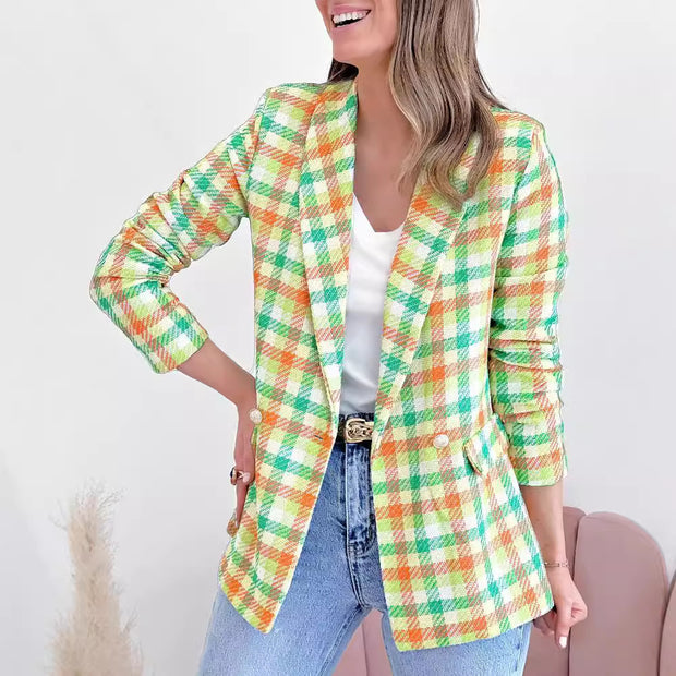 Damen Stilvoller Karoblazer mit doppelt geknöpften Taschen WW