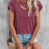 Damen lässiges Kurzarm T-Shirt mit einzigartigem Kreuz-Ausschnitt WW