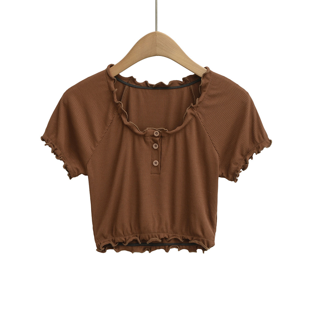 Damen cropped T-Shirt mit Rüschendetails und Knopfleiste WW