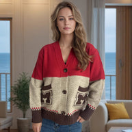 Damen Strickjacke mit dekorativen Taschen und modernem Farbblockdesign WW