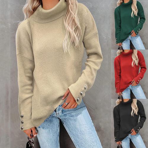 Damen Rollkragenpullover mit gestreiftem Design und dekorativen Knöpfen WW