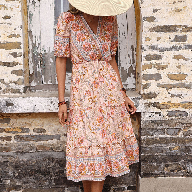 Damen Maxikleid mit floralen Mustern und Rüschen WW