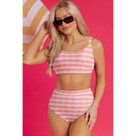 Damen Bikiniset mit hoch geschnittenen Hosen und modischem Karomuster WW
