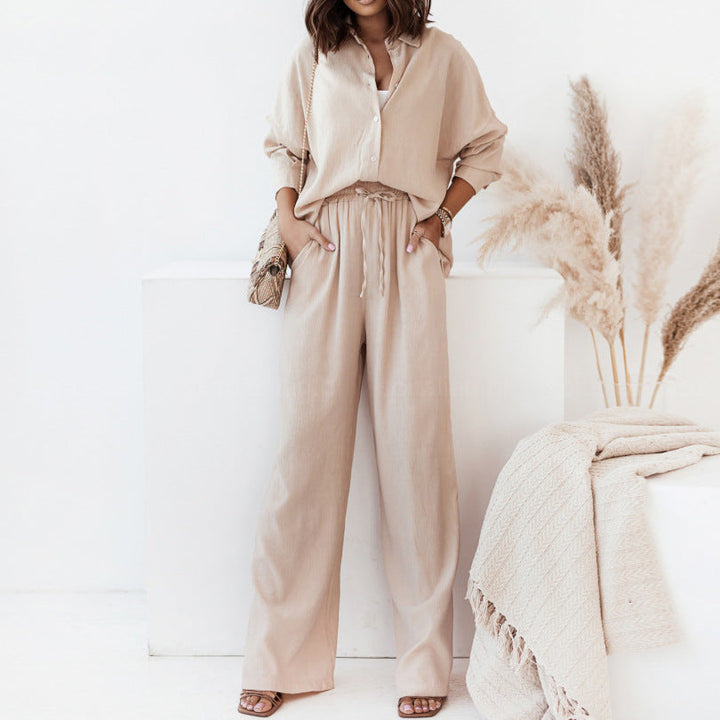 Damen Lässiger Zweiteiler mit langärmeliger Bluse und weitem Hosenstil W&W Mode