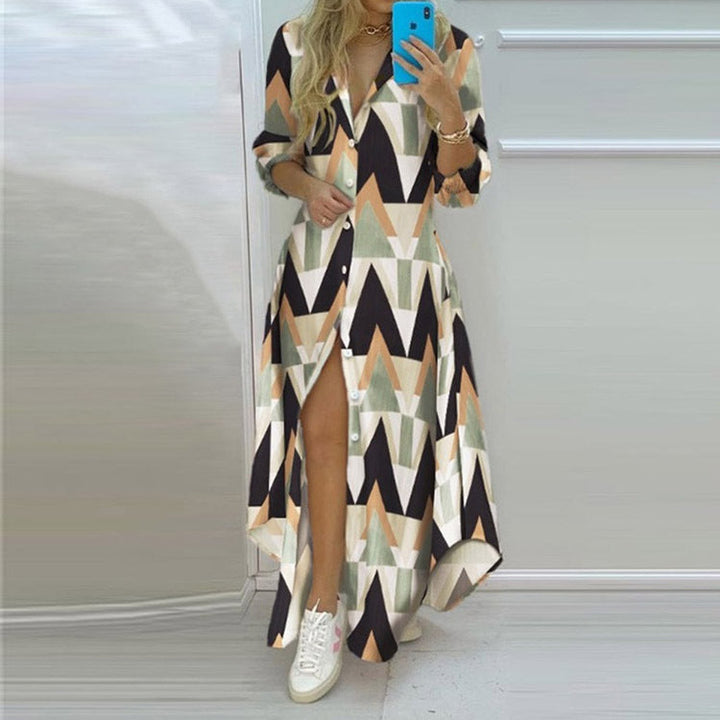 Damen Langarmhemdmaxikleid mit grafischem Muster und seitlichem Schlitz W&W Mode