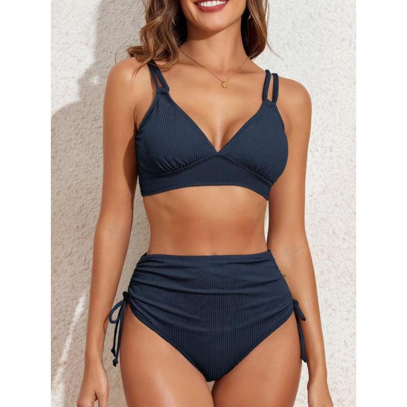 Damen schickes High-Waist-Bikini-Set mit verstellbaren Trägern und Raffung WW