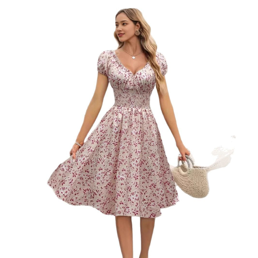 Damen Floral Midi-Kleid mit elastischem Bund und Puffärmeln W&W Mode