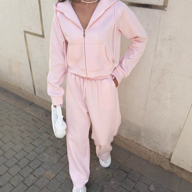 Damen Sportliches Freizeit-Set mit modischem Cropped Hoodie und weiter Hose WW