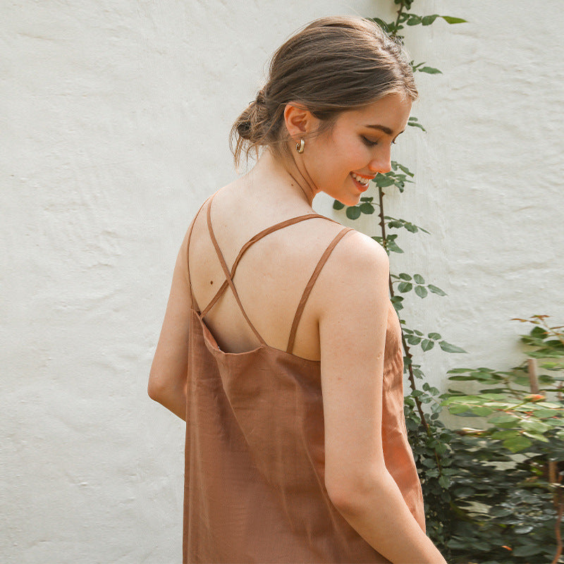 Damen elegantes Leinenkleid mit verstellbaren Spaghetti-Trägern und fließendem Schnitt WW
