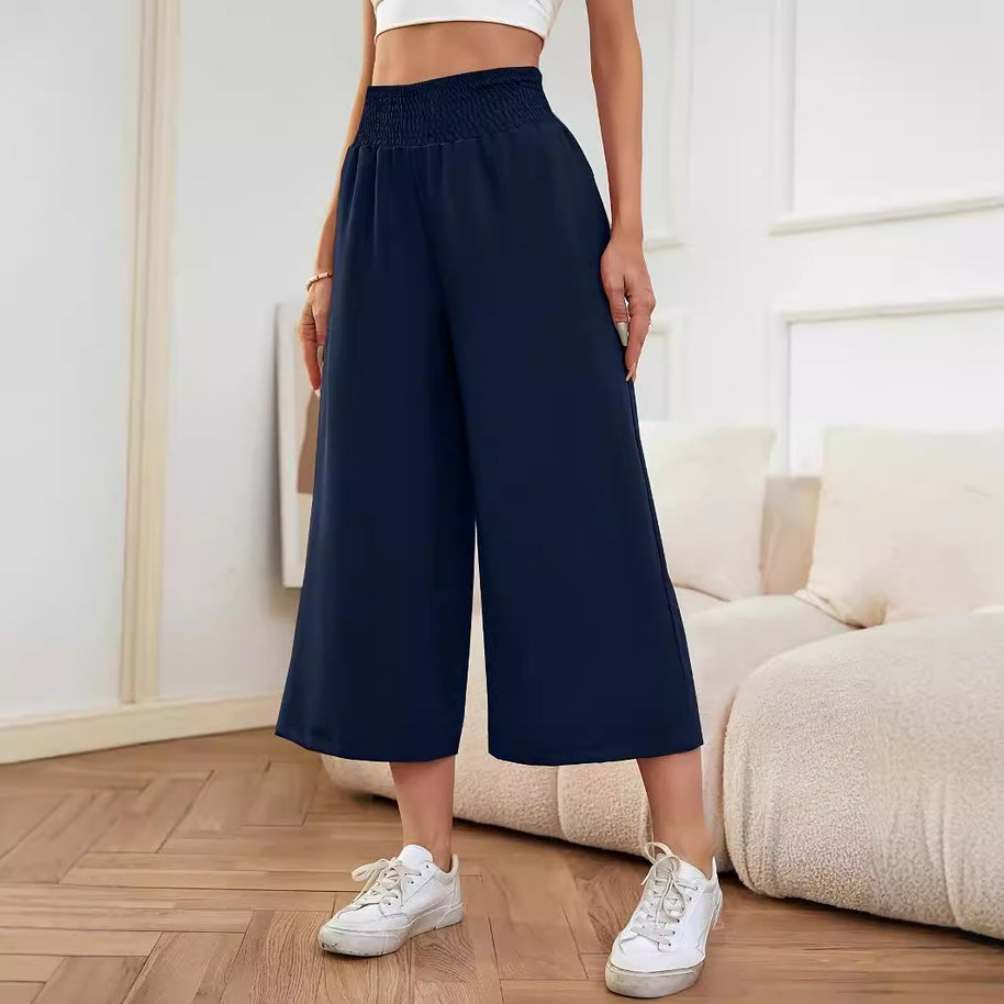 Damen Weite, hoch geschnittene Palazzohose mit elastischem Bund und fließendem Material WW