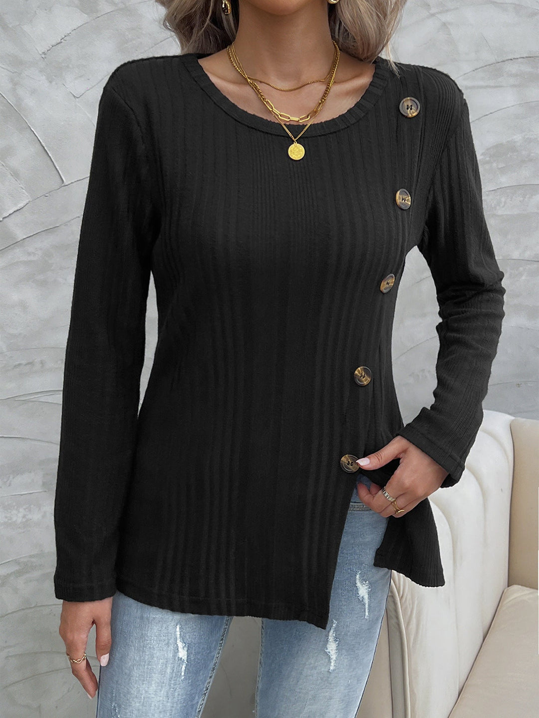 W&W Mode Schwarzes Rundhals schrägknopf Strickoberteil