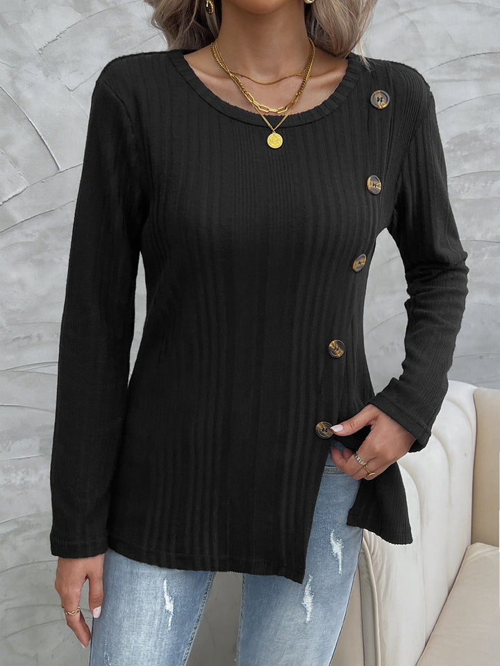 W&W Mode Schwarzes Rundhals schrägknopf Strickoberteil