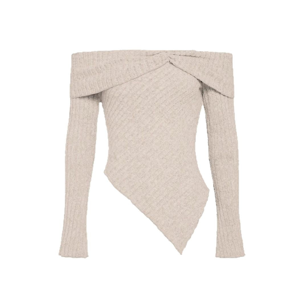 Damen  Schulterfreies Oberteil aus Rippstrick mit asymmetrischem Saum und dekorativen Details WW