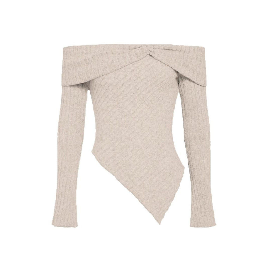 Damen  Schulterfreies Oberteil aus Rippstrick mit asymmetrischem Saum und dekorativen Details WW