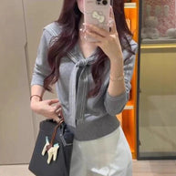 Damen stilvoller Pullover mit Schleifenkragen und feiner Strickstruktur WW