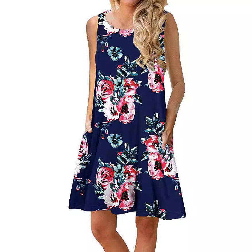 Damen ärmelloses Blumen-Minikleid mit praktischen Eingrifftaschen WW