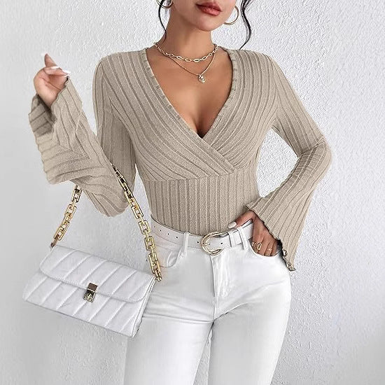 Damen Strickoberteil mit Wickeldesign und weitem Ärmel WW