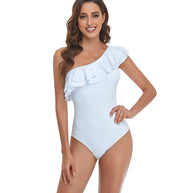 Damen Einteiler Badeanzug mit asymmetrischem Schnitt und voluminösem Rüschendetail WW