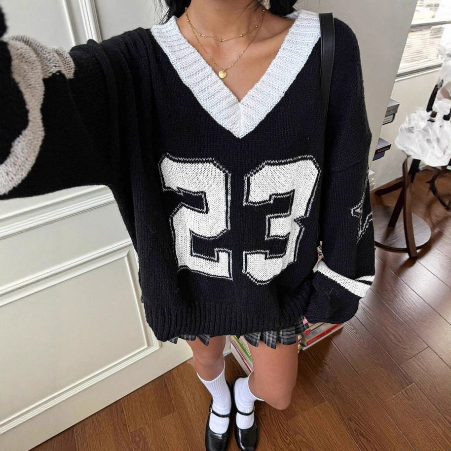 Damen Sportlicher V-Ausschnitt Pullover im lässigen College-Stil WW