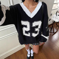 Damen Sportlicher V-Ausschnitt Pullover im lässigen College-Stil WW