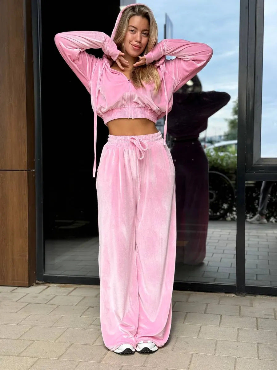 Damen sportlicher Velours Jogginganzug mit lässiger Kapuze und praktischen Taschen WW