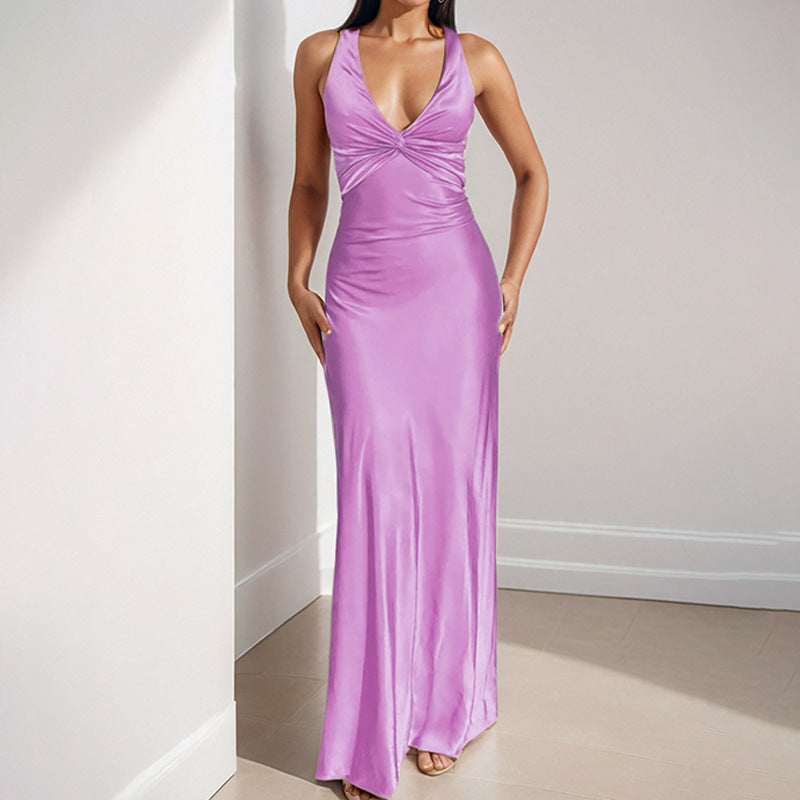 Damen Elegantes Maxikleid mit tiefem V-Ausschnitt und Raffung WW