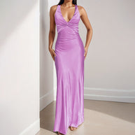 Damen Elegantes Maxikleid mit tiefem V-Ausschnitt und Raffung WW