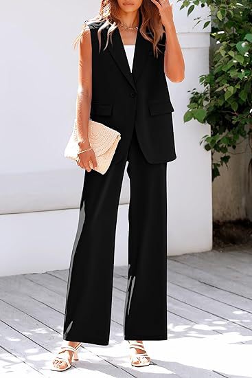 Damen ärmelloses Blazer-Set mit weit geschnittenen Hosen WW