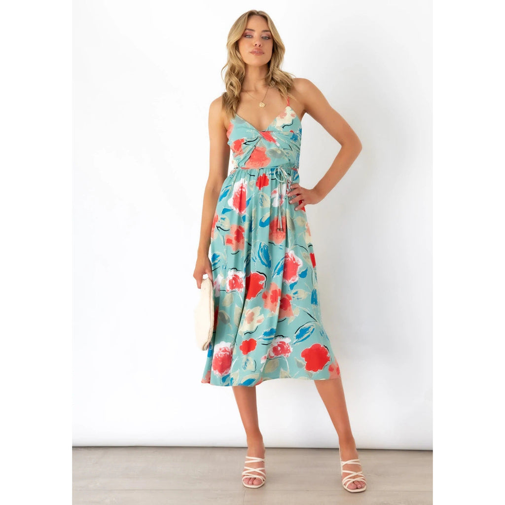 WW | Frühling Sommer Frisch Süß Digital Blumenmuster Slip Kleid