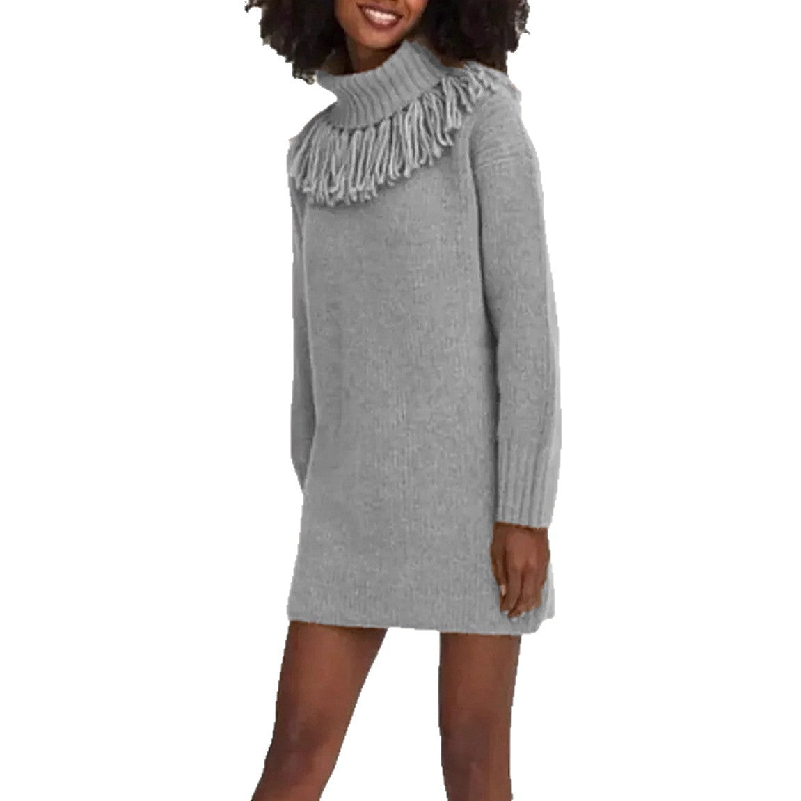 Damen Strickkleid mit Fransenkragen und gerippten Ärmeln WW