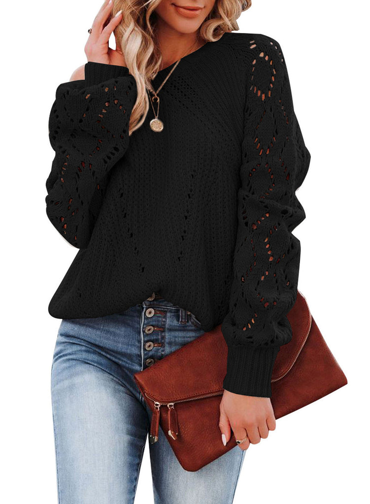 Damen Strickpullover mit voluminösen Ärmeln und raffiniertem Lochmuster WW