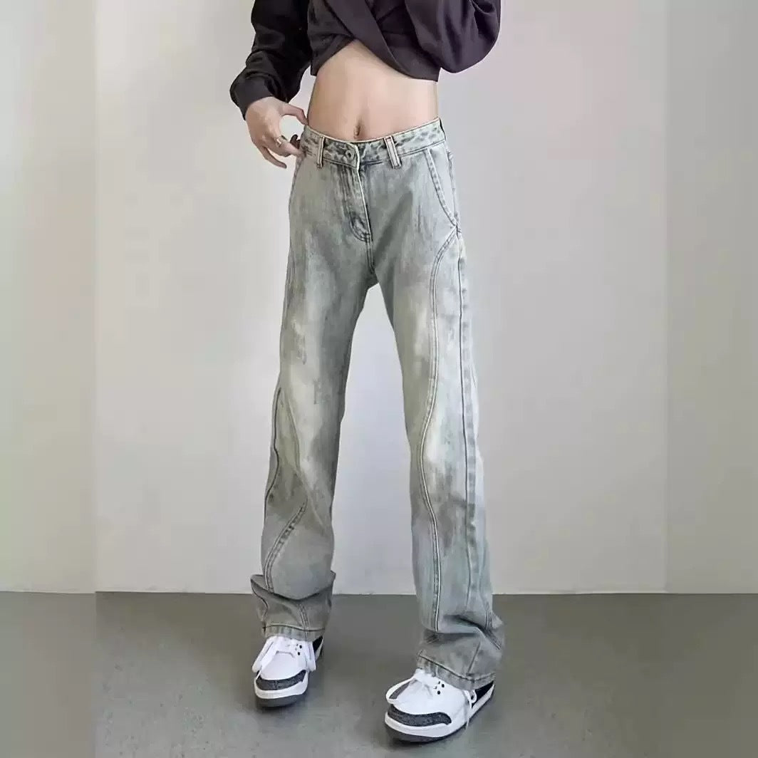 Damen weite High-Waist Denim-Jeans mit distressed Optik und bequemen Seitentaschen WW