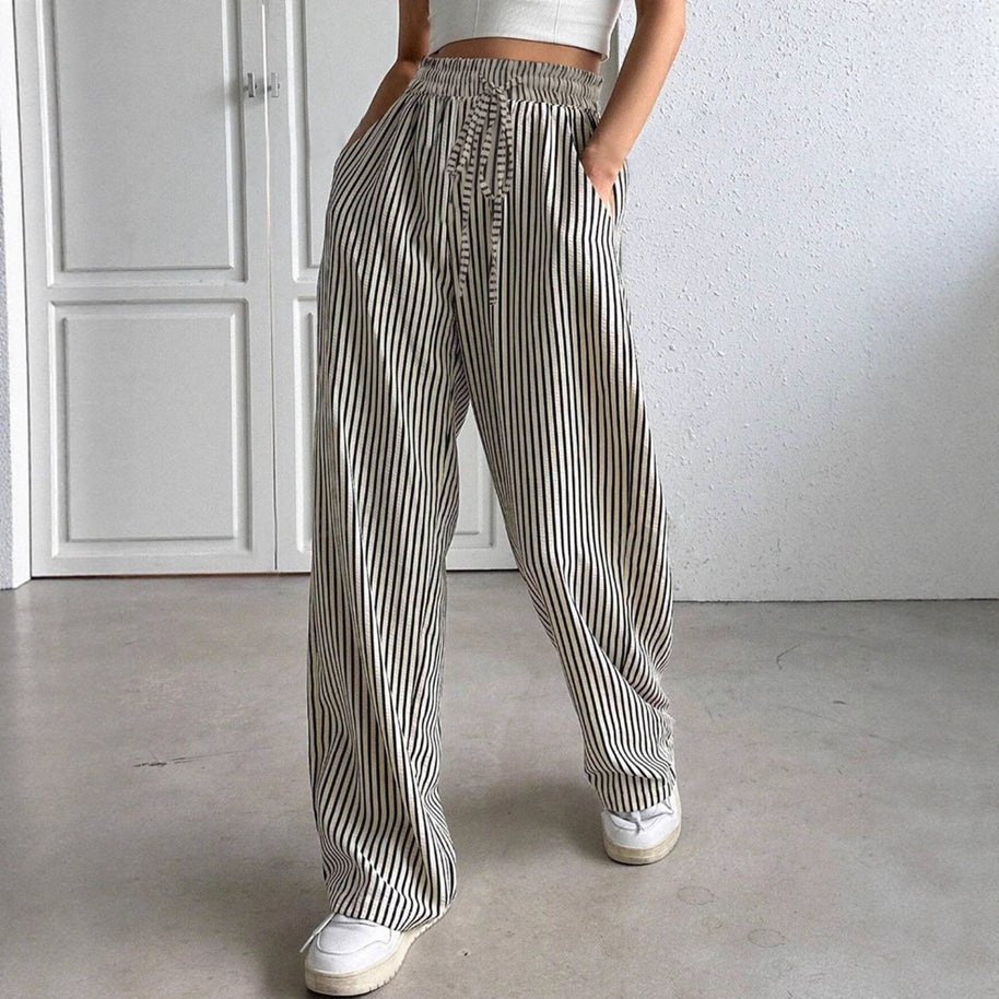 Damen weite gestreifte Stoffhose mit elastischem Bund und praktischen Taschen WW