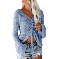 Damen angesagter V-Ausschnitt Pullover mit Raffung WW