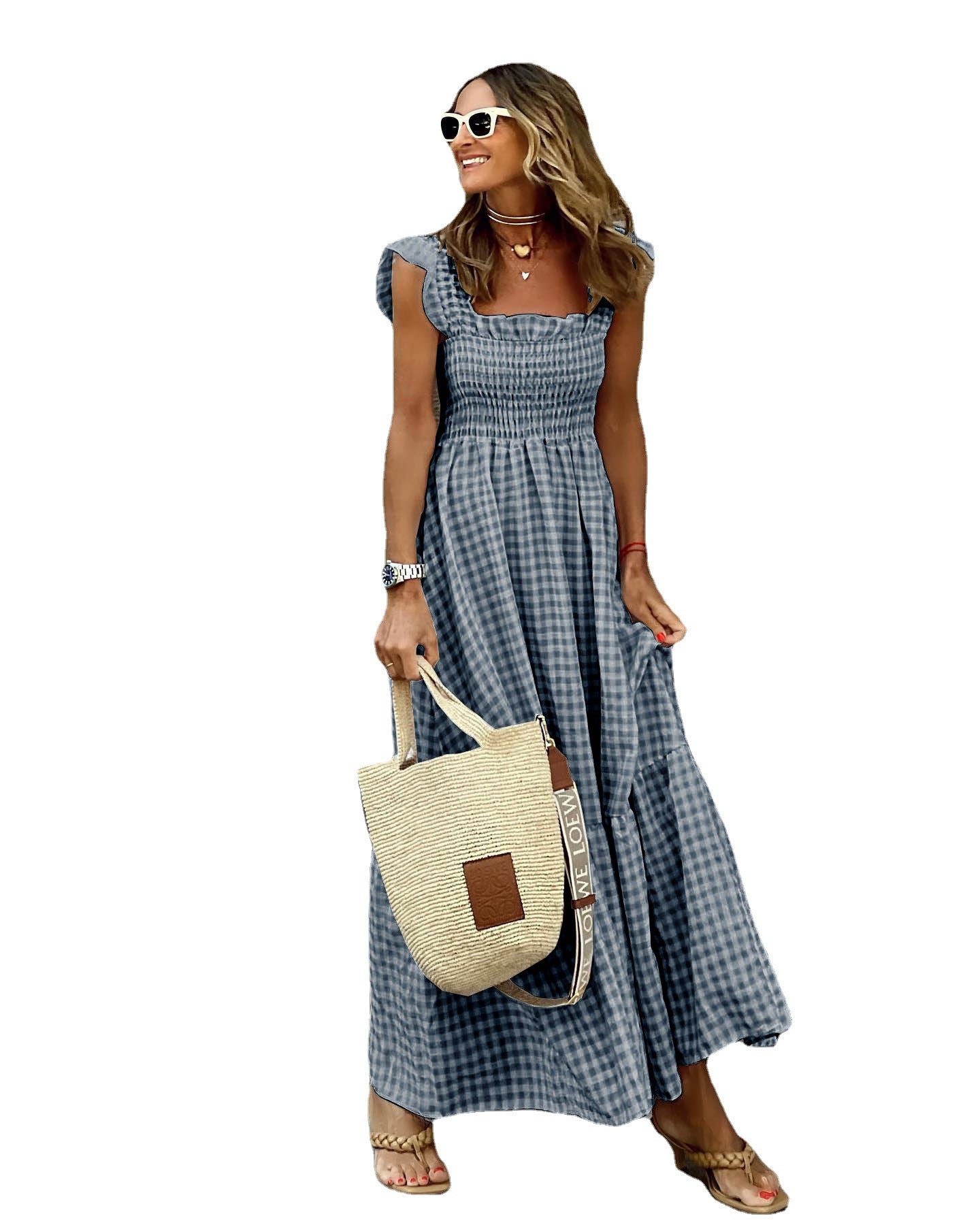 Damen luftiges Maxikleid mit Vichy-Karo und schulterfreien Rüschen WW