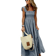 Damen luftiges Maxikleid mit Vichy-Karo und schulterfreien Rüschen WW