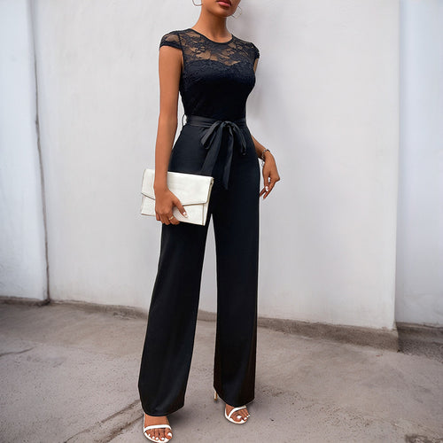 Damen Jumpsuit mit elegantem Spitzenoberteil und taillierbarem Gürtel WW