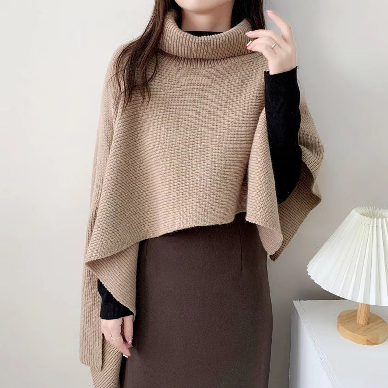Damen Strickponcho mit hochgeschlossenem Kragen und eleganter Rippstruktur WW