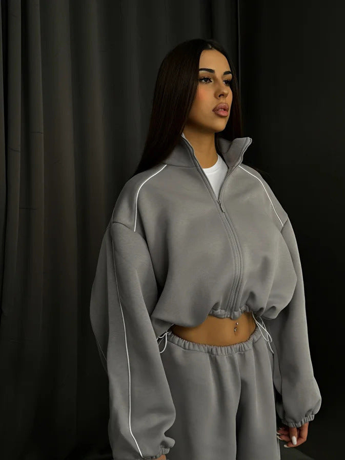 Damen sportliches Oversized Hoodie-Set mit hochschließendem Kragen und Gummizug WW
