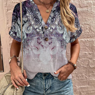 Damen Kurzarm Bluse mit dekorativem Musterdruck und knöpfbarem Ausschnitt WW