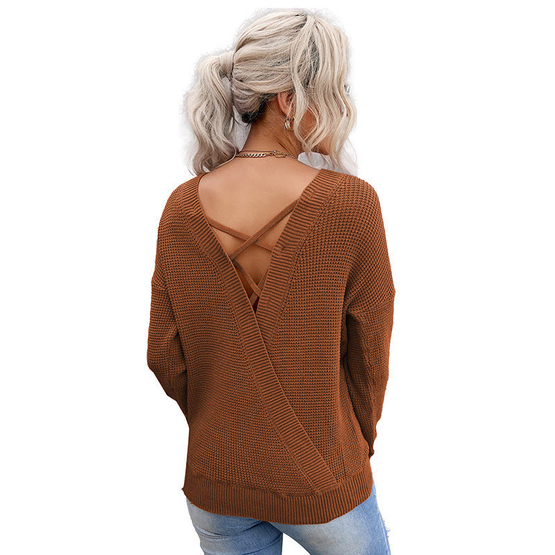 Damen lässiger Strickpullover mit offenem Rückendesign WW