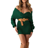 Damen Strickkleid mit festlichem Wickeldesign und dekorativem Gürtel WW