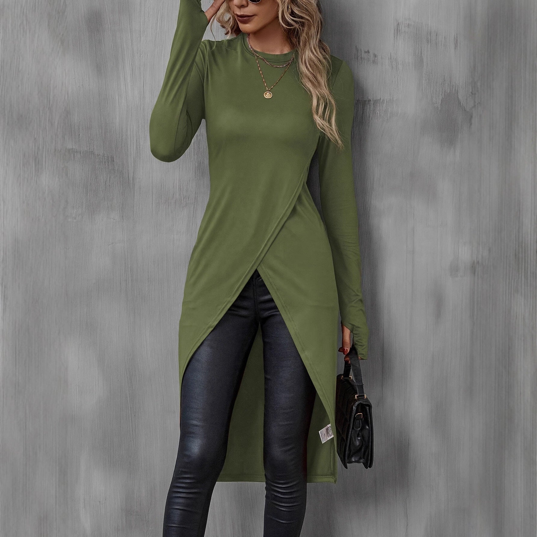 Damen asymmetrisches Longshirt mit eleganter Wickeloptik WW