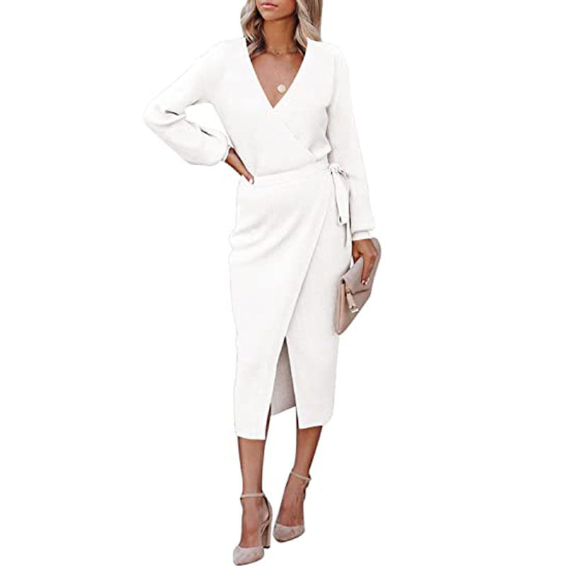 Damen Wickelkleid mit tiefem V-Ausschnitt und elegantem Schlitz WW