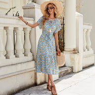 Damen romantisches Blumenkleid mit Taillengürtel und Rüschen WW