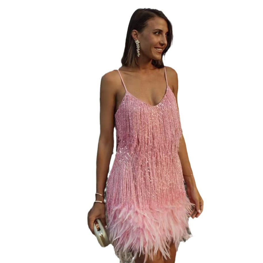Damen Glitzerndes Kurzkleid mit Federn und funkelnden Pailletten WW