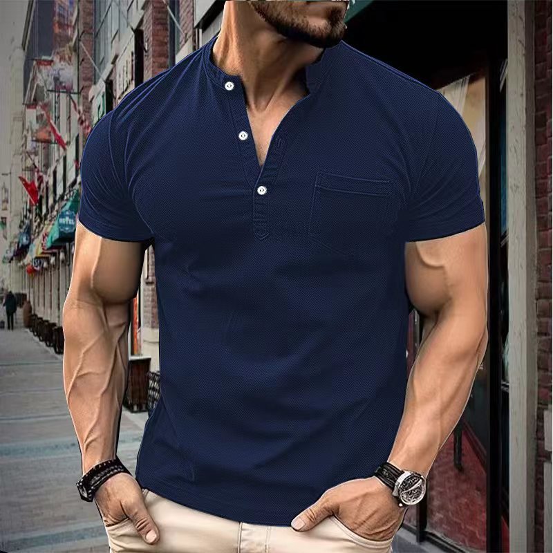 Herren elegantes Kurzarmhemd mit modernem Stehkragen und praktischer Brusttasche WW