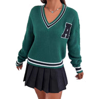 Damen Sportlicher V-Ausschnitt Pullover mit breiten Streifen und Applikation WW