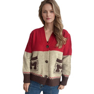 Damen Strickjacke mit dekorativen Taschen und modernem Farbblockdesign WW