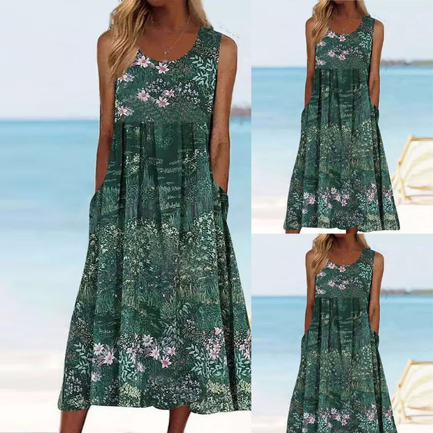 Damen Ärmelloses Blumendruck Maxikleid mit Taschen WW